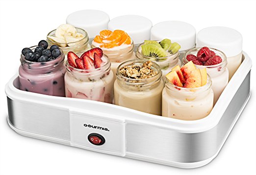 Gourmia GYM1710 Yogurt Maker With 12 Glass Jars Customize To Your Flavor And Thickness, Free Recipe Book Included.