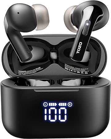 TOZO T20 Wireless Earbuds Bluetooth Headphones 48.5 Hrs Playtime with LED Digital Display, IPX8 Waterproof, Dual Mic Call Noise Cancelling 10mm Broad Range Speakers with Wireless Charging Case