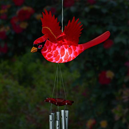 Exhart Solar Cardinal Wind Chimes - WindyWings Flapping Wings Musical Wind Chimes - Durable Plastic Solar Cardinal Decor & Metal Pipes, Large Windchimes (12'' W x 10'' H x 24'' H)