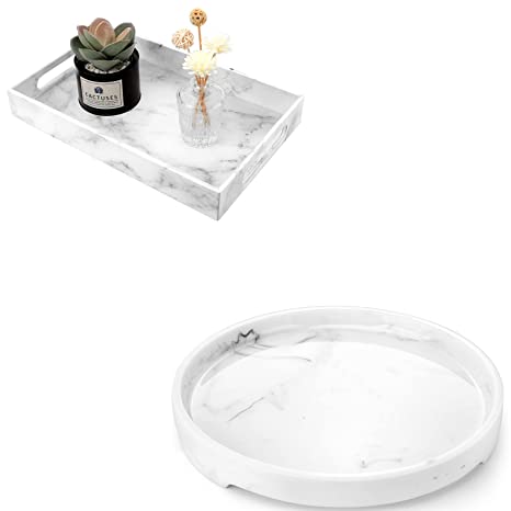 MoKo Vanity Tray, Resin Round Tray Decorative Catchall Organizer Storage Tray Bundle MoKo Vanity Tray, 38x24x5 cm Large Leather Valet Tray Decor Serving Tray with Handles