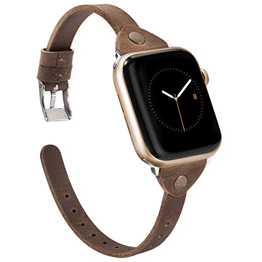 Wearlizer Scrub Deep Brown Leather Compatible with Apple Watch Slim Leather Band 42mm 44mm iWatch Womens Mens Strap Wristband Leisure Unique Bracelet (Silver Metal Clasp) Series 4 3 2 1 Edition Sport