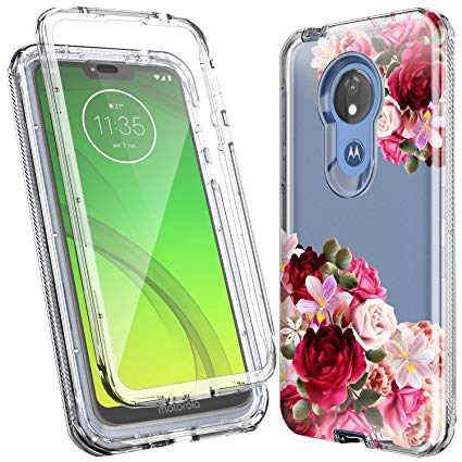 Moto G7 Power Case with Screen Protector，ACKETBOX Hybrid Impact Defender Hard Floral PC Back Case Clear TPU Cover and Bumper Full Body Protective Cover Case for Moto G7 Power/Moto G7 Supra(Flowers)