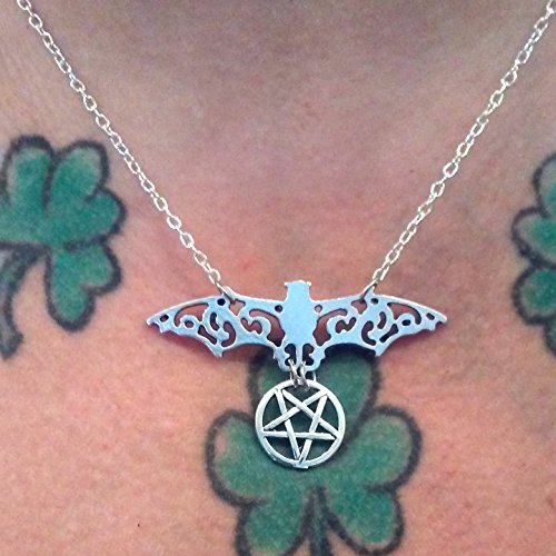 Satanic Filigree Bat Necklace - Tribal Bat Pendant - Pentagram Pentacle