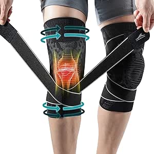 Achiou Knee Compression Sleeve for Knee Pain, Adjustable Knee Brace with Side Stabilizers & Patella Gel Pad, Knee Support Pad with Straps for Meniscus Tear, Running, Working Out, Men Women