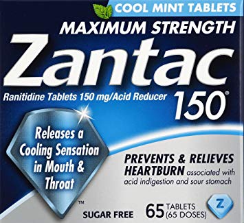 Zantac 150 Maximum Strength Tablets, Cool Mint, 65 Count, Helps Relieve and Prevent Heartburn Associated with Acid Indigestion or Sour Stomach, Use Before or After Meals or Before Bed at Night