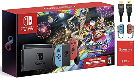 2021 Nintendo Switch Console - Neon Blue and Neon Red Joy-Con, 6.2" Touchscreen LCD Display   Mario Kart 8 Deluxe   3 Month Switch Online Membership   w/HubxcelHDMI Accessories Holiday Bundle