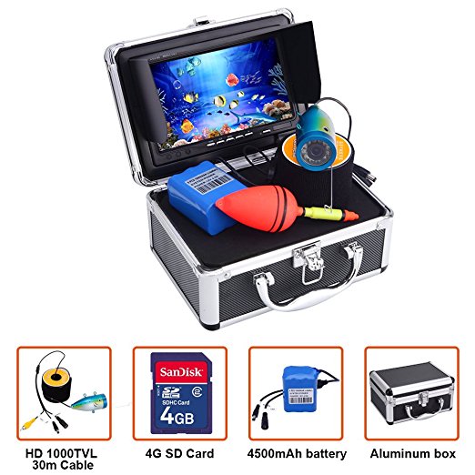 Portable Fish Finder Underwater Fishing Camera System Kit Video Recording Edition DVR 7" Monitor LCD HD 1000TVL IP68 30m Cable 4500mAh Rechargeable Battery Night Version for Ice,Lake and Boat Fishing
