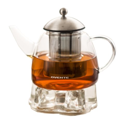 Ovente FGA44T 44oz Heat Tempered Glass Teapot with Tea Infuser and Glass Teapot Warmer