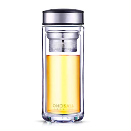 ONEISALL Tea Glass Bottle with Lid,Double Glass Wall Travel Tumbler with Infuser 480ml Ideal for Leaf Tea Fruit Juice Coffee ect. (Silver)