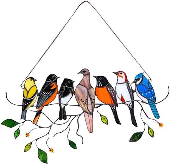 Multiple Birds on a Wire High Stained Window Hanging Ornaments, Bird Series Sculptures Pendant Home Decoration for Patio Yard Decor Creative Gifts (7 Birds)