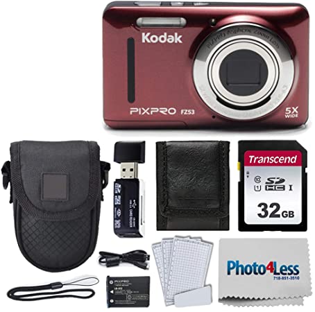Kodak PIXPRO FZ53 16.15MP Digital Camera (Red)   Black Point & Shoot Case   Transcend 32GB UHS-I U1 SD Memory Card & More!