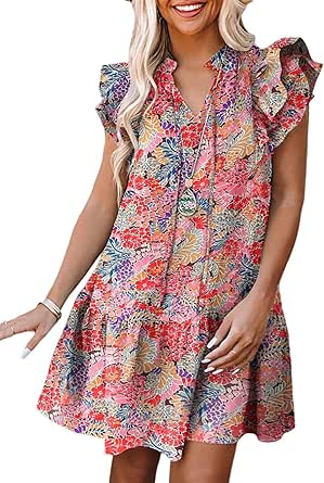 Dokotoo Womens 2024 Summer V-Neck Drawstring Ruffle Cap Short Sleeve Side Pockets Mini Dress Sundress