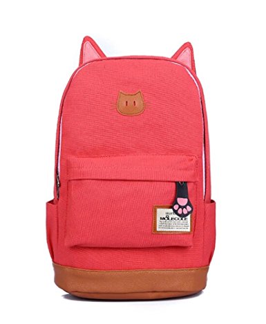 Moolecole Leather & Canvas Backpack School Bag with Cat's Ears Design