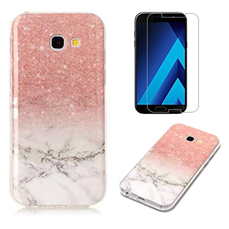 For Samsung Galaxy A5 2017 A520 Marble Case with Screen Protector,OYIME Creative Glossy Brick red & White Marble Pattern Design Protective Bumper Soft Silicone Slim Thin Rubber Luxury Shockproof Cover