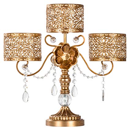 Amalfi Décor Victoria Antique Gold Metal 3 Pillar Candle Holder, Wedding Table Hurricane Centerpiece Crystal Draped Accent Stand Display