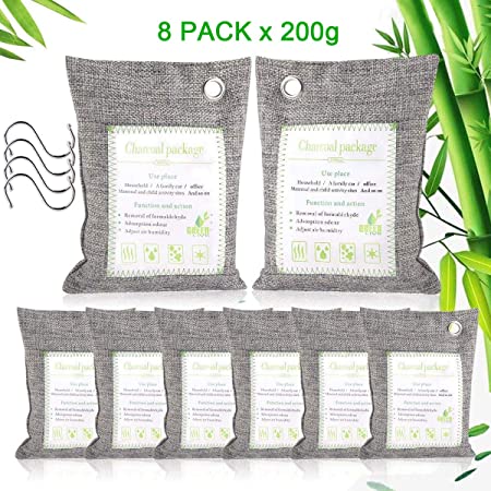 Haliluya 8 Pack Bamboo Charcoal Bags, 【8 Pack x 200g】 Natural Activated Bamboo Charcoal Air Purifying Bags Natural Air Fresheners and Odor Eliminators for Car, Closet, Bathroom, Pets, Shoes