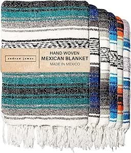 Andrew James Premium Authentic Mexican Blankets - 72 x 48 Traditional Handmade Woven Throw Blanket - Perfect for Yoga, Beach, Home Decor, Camping, (Teal)