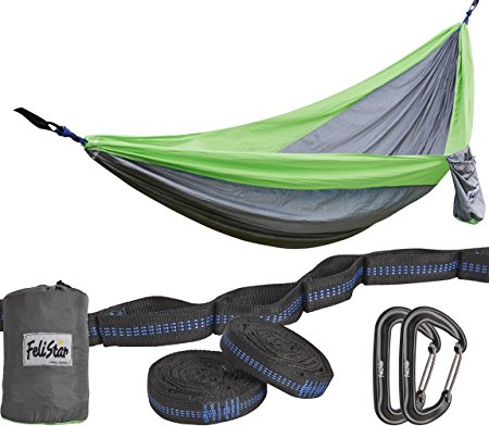 Hammock By Felistar- Backpacking Portable Parachute Nylon Hammock With Tree Straps & Alloy Carabiners For Camping, Garden, Backyard,Hiking &Traveling- Double Size& Single Size