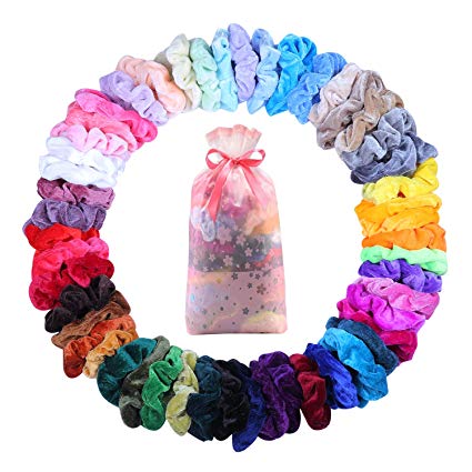 EKKONG Scrunchies for Girls, 50 Pcs Velvet Scrunchies Pastel Scrunchies Elastics Bobbles Hair Bands Hair Ropes Ponytail Holder for Women Girls Lady Children Hair Accessories