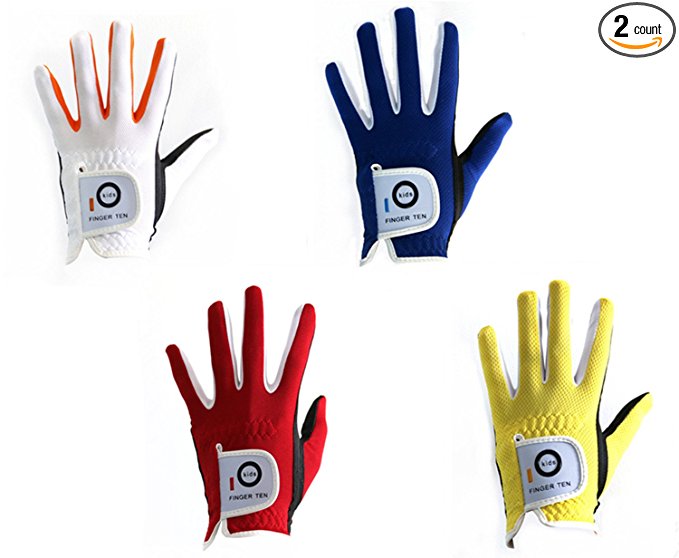 Finger Ten 2018 Junior kids Youth Toddler Boys Girls Dura Feel White Blue Red Yellow Left Hand Right Hand Golf Gloves Extra Value 2 Pack (Age 2-10 Years Old)