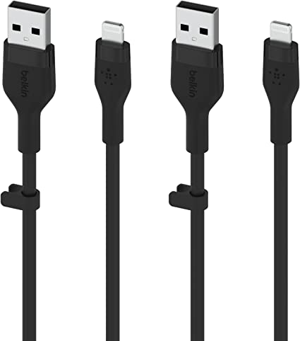 Belkin BoostCharge Flex Silicone USB Type A to Lightning Cable (3M/10FT), MFi Certified Charging Cable for iPhone 13, 12, 11, Pro, Max, Mini, SE, iPad and More, 2-Pack, Black