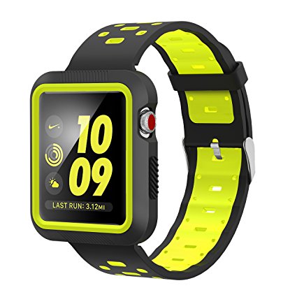 EloBeth for Apple Watch Band 38mm with Case, Soft Silicone Sport Strap iWatch Band with Shock Resistant Protective Case for Apple Watch Band Series 3/2/1 Nike  Sport Edition(38mm Black/Yellow)