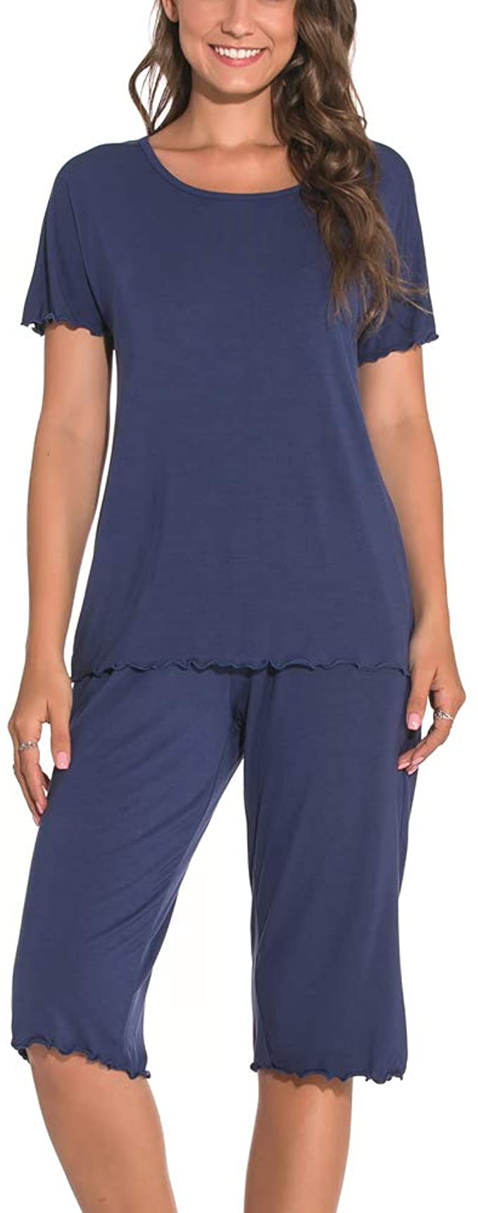 Tiddylove Women Pajama Sets Short Sleeve Bamboo Sleepwear Capri Pants with Pockets Pjs for Women S-2XL