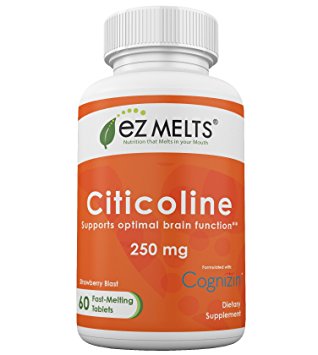 EZ Melts Citicoline with Cognizin, 250 mg, Dissolving Vitamins, Zero Sugar, Natural Strawberry Flavor, GMO-Free Fast Melting Tablets, Brain Health, Gluten-Free Chewable Supplement