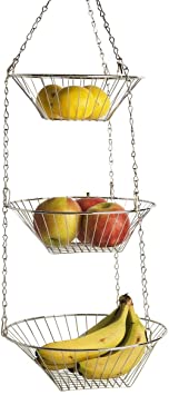 GinsonWare Chromed 3 Tiers Hanging Fruits Basket. 9"/10"/11" Round Basket.
