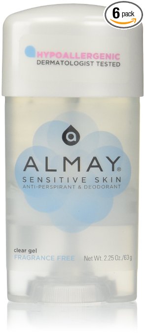 Almay Sensitive skin Clear Gel, Anti-Perspirant & Deodorant, Fragrance Free, 2.25-Ounce Stick (Pack of 6)