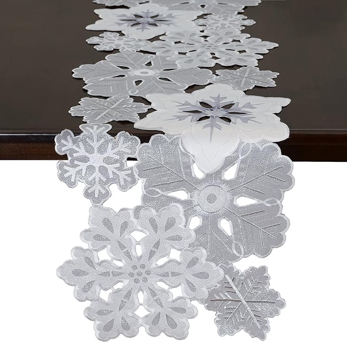 Grelucgo Machine Embroidered and Hand Cut Silver Grey and White Snowflakes Table Runner for Christmas Holiday (13.5 x 54 inches)