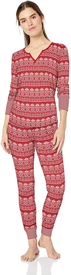 Amazon Brand - Mae Women's Vintage Thermal Henley Long Sleeve Top with Jogger Pajama Set