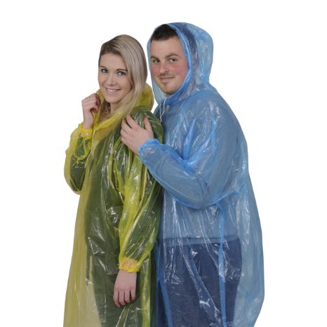 Rain Ponchos for Adults with Long Sleeves, Hood and Drawstring 8 Pieces • 4 Bright Colors • 2 Red • 2 Yellow • 2 Blue • 2 Green • One Size Fits All • Lightweight • in Case a Rainy Day