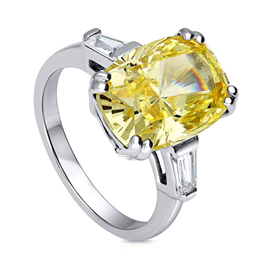BERRICLE Rhodium Plated Sterling Silver Canary Yellow Cushion Cut Cubic Zirconia CZ Statement 3-Stone Cocktail Anniversary Fashion Right Hand Ring