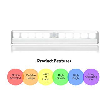 PIR Motion Activated LED Light ,DLAND Intelligent Night Lamp Stick-on Auto 10-LED Wireless Motion Sensing Lights Battery for Closet/ Under Cabinet/ Drawer/ Bar Sets/ Stairs/ Bedroom