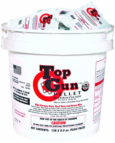 JT Eaton 754 Top Gun Pellet Place Packs Rodenticide Bromethalin Neurological Bait with Stop-Feed Action and Bitrex, For Mice and Rats (Pail of 128)