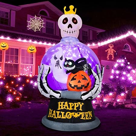 MUMTOP Halloween Inflatables-Blow Up Ghost Inflatable - 6 FT Ghost Skeleton Snow Globe with Cat & Pumpkin and Build-in LEDs Inflatable Outdoor Holiday Yard Decorations