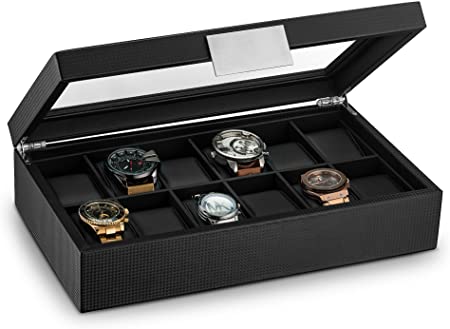 Glenor Co Watch Box for Men - 12 Slot Luxury Carbon Fiber Design Display Case, Large Holder, Metal Buckle - Black