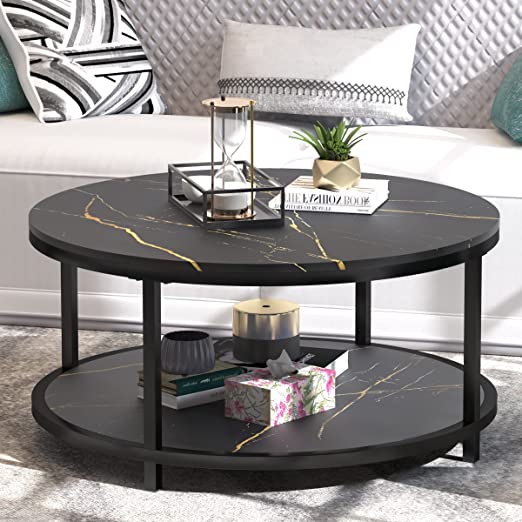 EdMaxwell Round Coffee Table Black Coffee Tables for Living Room 35.8" Faux Marble Top Circle Table Furniture Sturdy Metal Frame Legs Cocktail Table with Storage Open Shelf