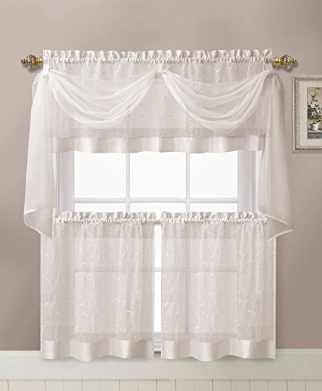Linen Leaf Embroidered Sheer Kitchen Curtain Set - Assorted Colors (White)