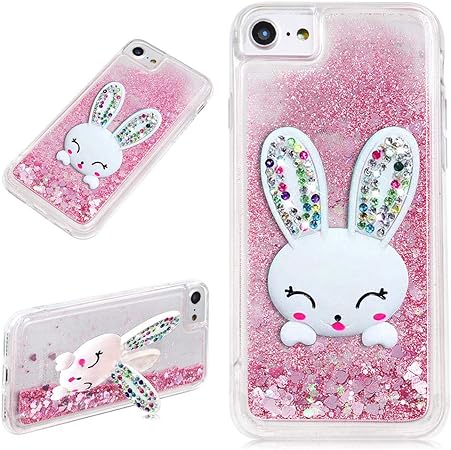 Samsung Galaxy Note 8 Liquid Glitter Case Pink With Bunny Ear Sparkle Quicksand Floating Luxury Bling Cute 3D Cartoon Rabbit Kickstand Crystal Silicone Cover Bumper For Girls Women