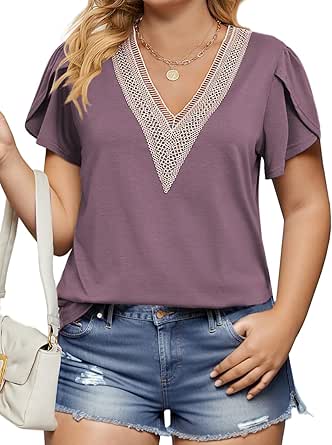 Plus-Size-Womens-Summer-Tops 2024 Lace Trim V Neck T Shirts Petal Short Sleeve Tunics Trendy Going Out Blouses XL-5XL