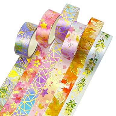 HILELIFE Decorative Washi Tape Set - 6 Rolls Floral Gold Foil Washi Masking Tapes for Scrapbook, Bullet Journals, Planners, Cards, Gift Wrapping, Arts, Crafts (15mm Wide)