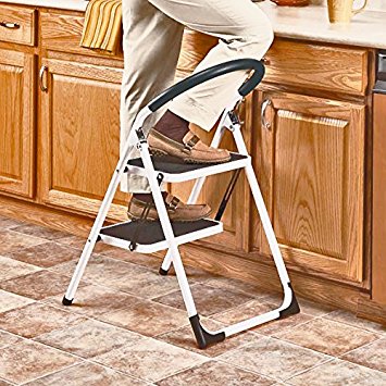 LavoHome 330lbs Upper Reach Reinforced Metal Folding Step-Ladder Household Kitchen Stool (Two Step Ladder)