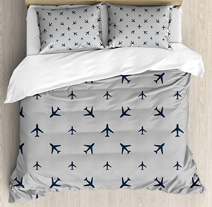 Ambesonne Airplane Duvet Cover Set Queen Size, Diagonal Stripes with Blue Travel Icons Silhouettes Vacation Aviation, Decorative 3 Piece Bedding Set with 2 Pillow Shams, Petrol Blue Black White