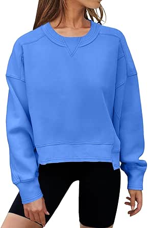 MEROKEETY Women's Oversized Cropped Sweatshirts Crewneck Fleece Workout Pullover Sweater Fall Outfits