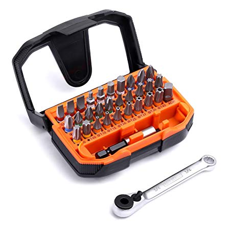 32pcs Tacklife Screwdriver Bit Set with Mini Ratchet Wrench, Stainless Steel Bit Holder & Adapter for Dril/Screwdriver, 35NM Torque 72-Tooth Gearhead, Rotating Clip & Hanging Hole/HBWS1A