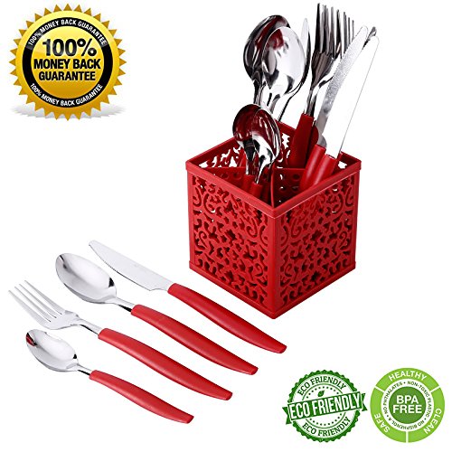 Siverware Set Moxinox 16-Piece Stainless Steel Flatware Set Plastic Handle Service for 4 with Plastic Caddy Dinnerware Tableware Cutlery (Red)