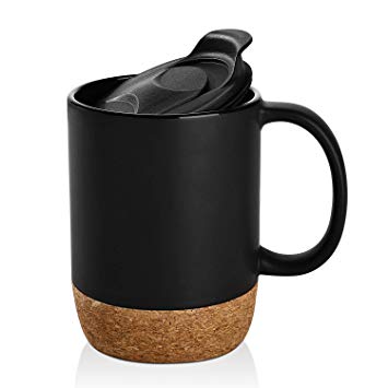 DOWAN 15 oz Coffee Mug Sets, Set of 2 Large Ceramic Mugs, with Insulated Cork and Splash Proof Mug Lid, Matte Black