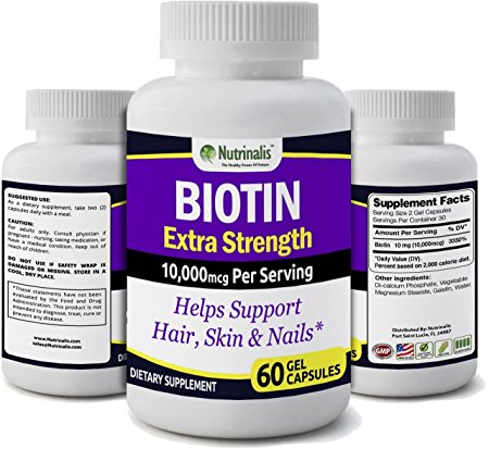 Biotin ★ Hair, Skin & Nails ★ 10,000mcg/Serving ★ Extra Strength ★ 60 Capsules